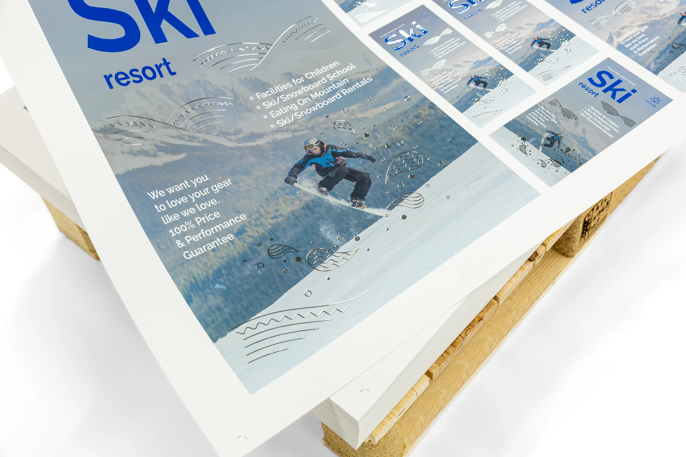 Arkusze plano Premium - niebieskie napisy + srebrzenie 3D + lakier wybiórczy UV