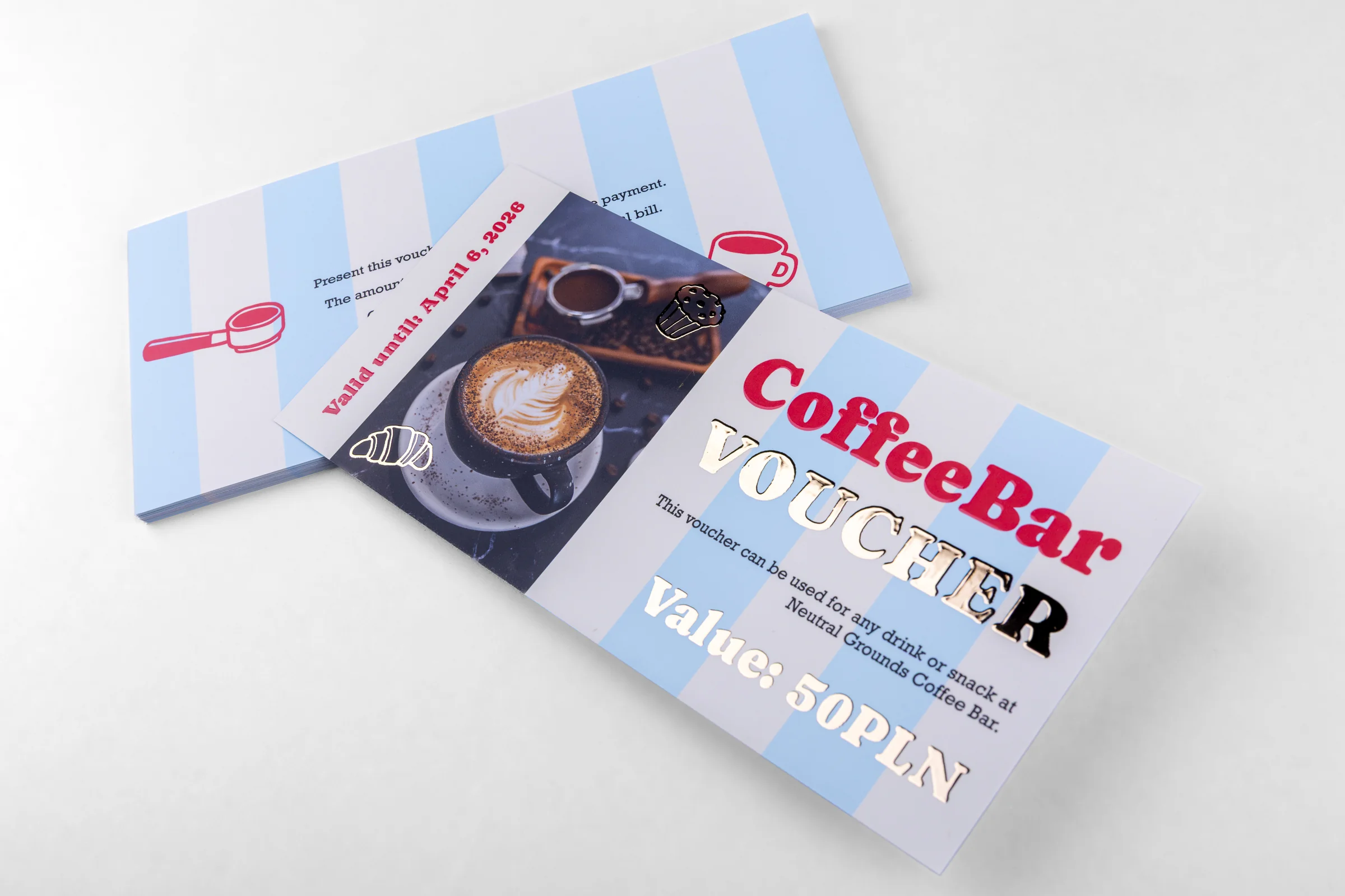 Vouchery reklamowe dla firm cięte Premium - lakier wybiórczy UV + złocenie 3D