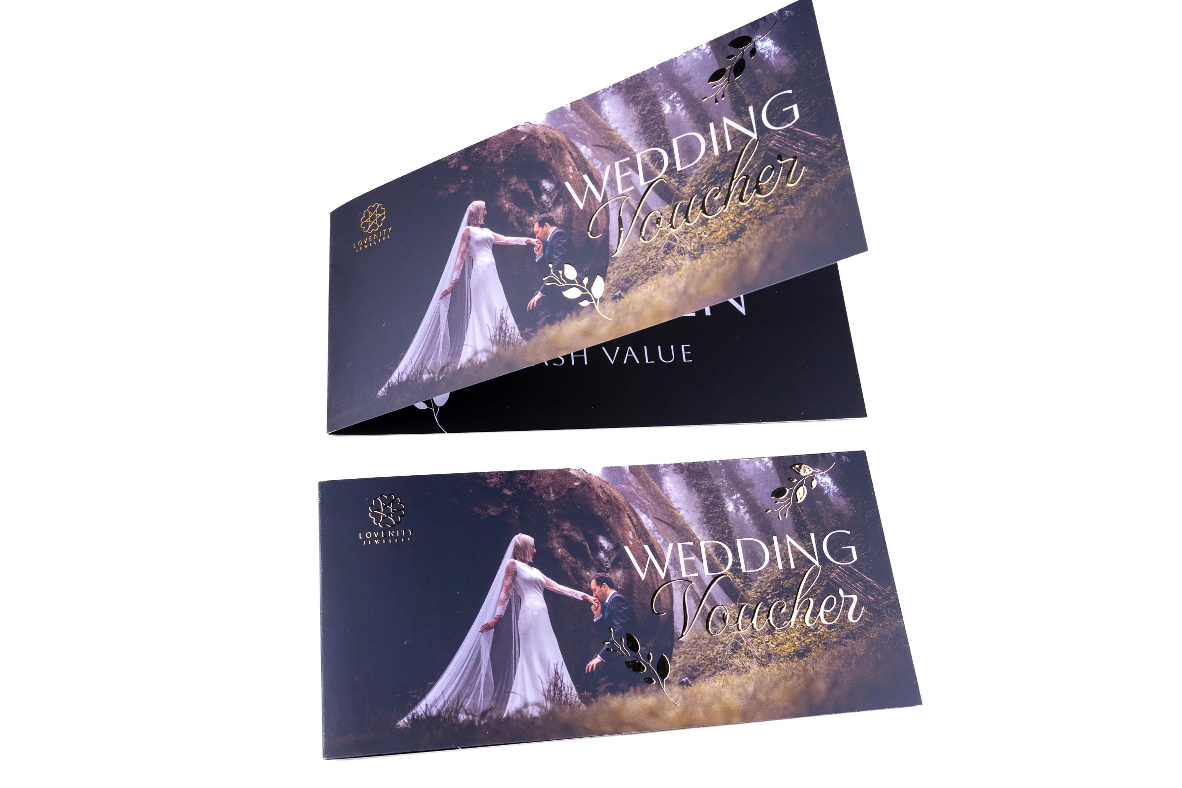 Vouchery składane Premium - lakier wybiórczy UV + złocenie 3D - reklamowe dla firm