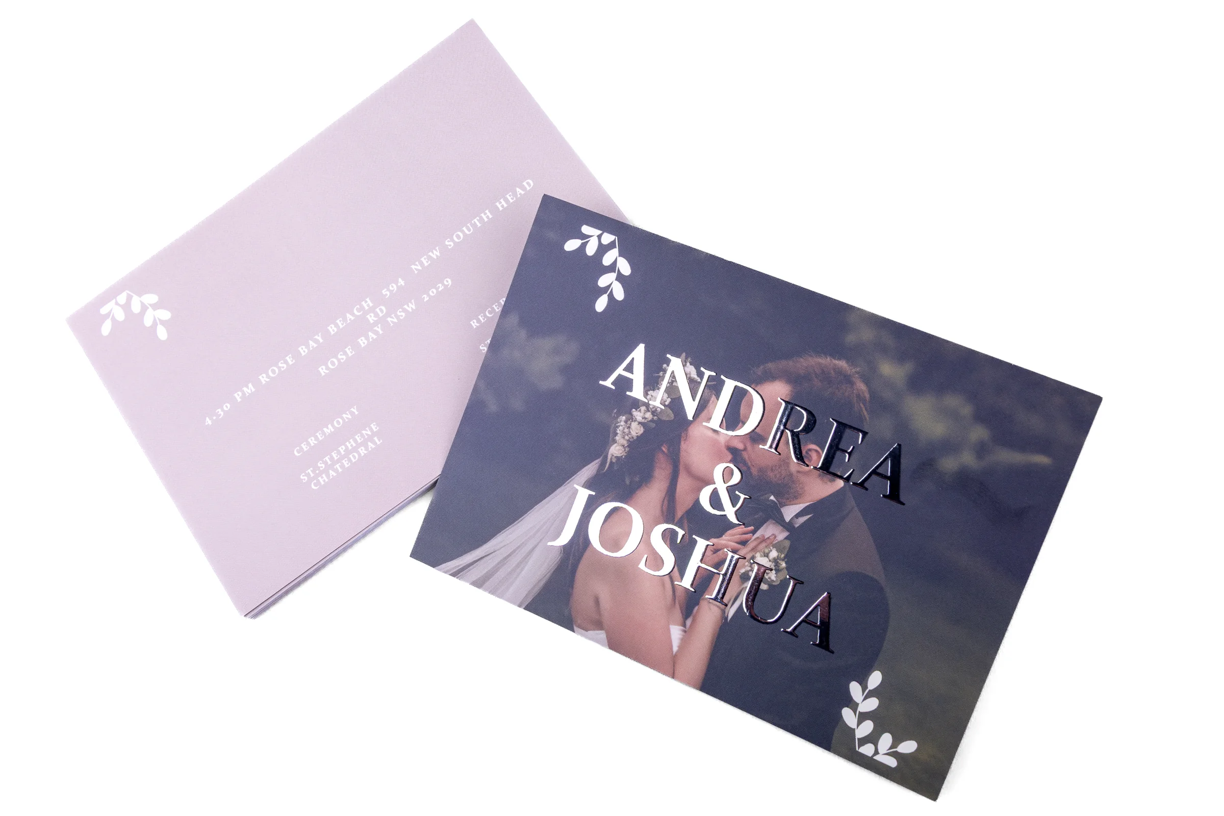 Zaproszenia cięte Premium - lakier wybiórczy UV + srebrzenie 3D - przód i tył